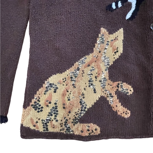 Susan Bristol Cat Sweater Cardigan Beads Sequins Kamala Brown Petite Size L - Picture 4 of 8